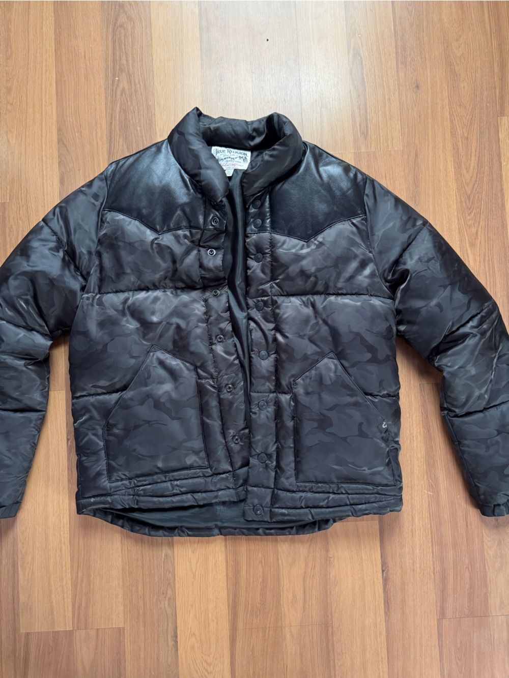 Men's Black Camo Puffer Jacket with Contrast Yoke True religion